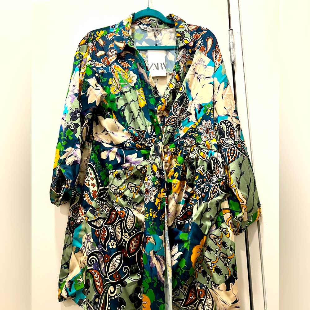ZARA NWT Patchwork Print Satin Effect Dress - Size XL